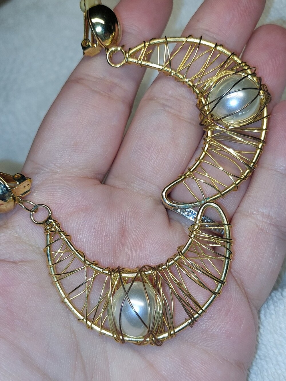 Gold Wire-Wrapped Crescent Pearl Earrings - Women Jewelry
